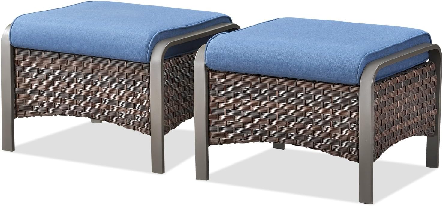Belord Outdoor Ottomans for Patio - 250 LBS Weight Capacity PE Wicker Foot Rest Ottoman Set of 2 with Metal Frame Multipurpose Outdoor Foot Stool for Porch Balcony Backyard