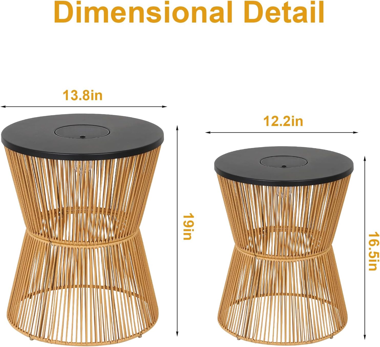 HMVPL Solar Outdoor Side Table with Dimmable Light, Patio Side Tables for Outside, Round Outdoor End Tables Set of 2, Plastic Rattan Patio End Accent Table for Poolside Backyard Gazebo, Dusk to Dawn