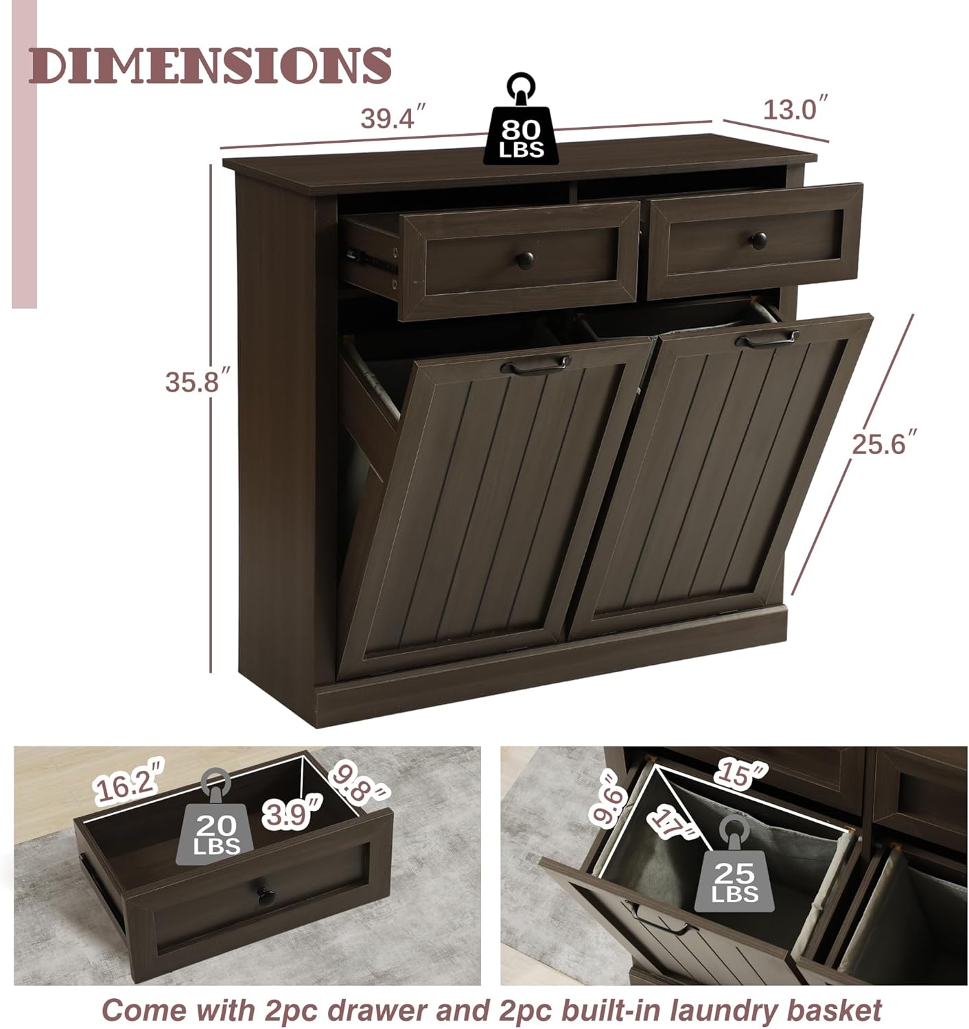 Double Tilt Out Laundry Hamper Cabinet, Modern Farmhouse Trash Can Cabinet w/2 Drawers, Wooden 22 Gallon Hidden Garbage Cabinets with 2 Laundry Storage Baskets for Kitchen and Bathroom (Grey)