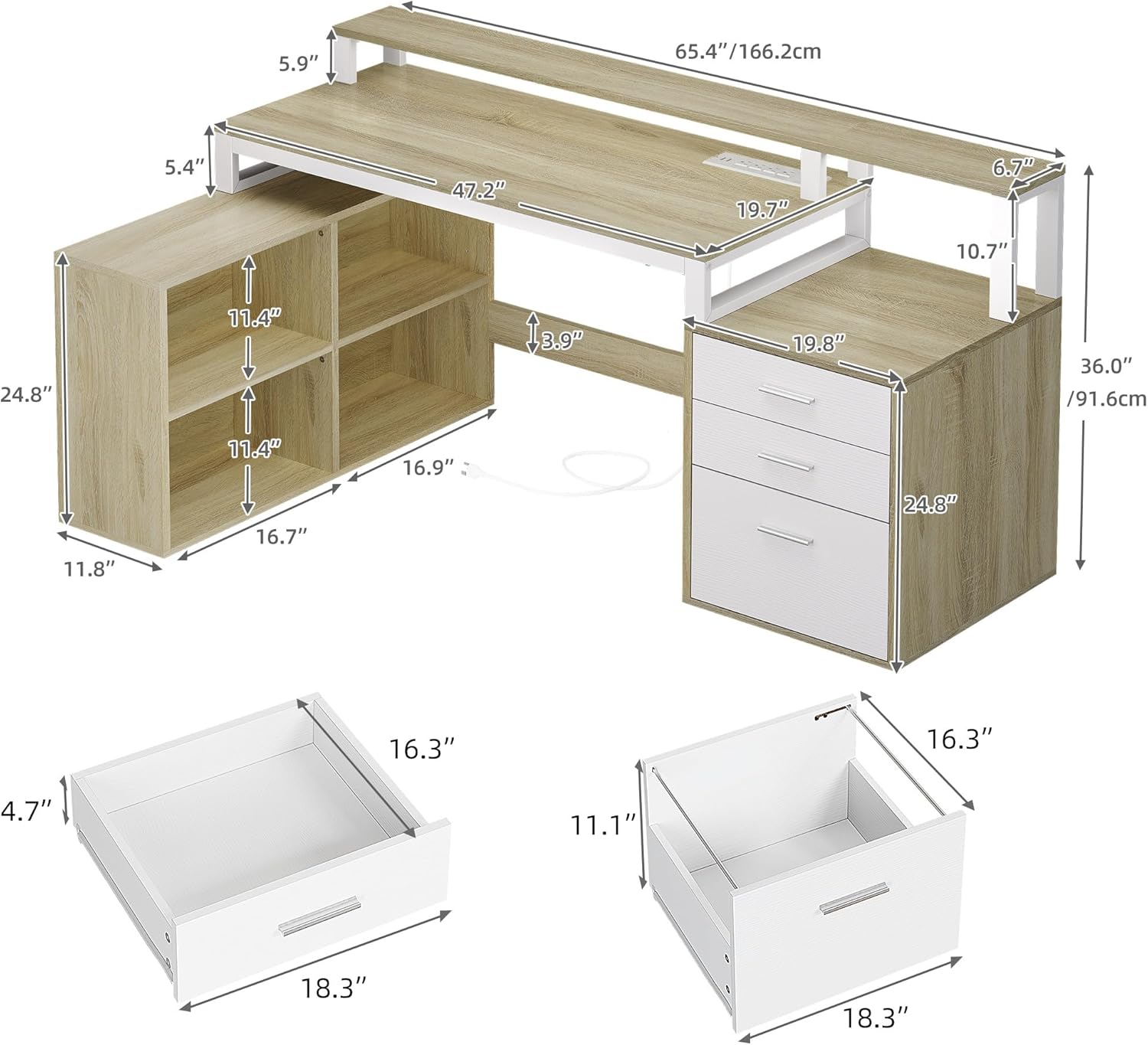 DWVO L Shaped Desk with Drawers, 65