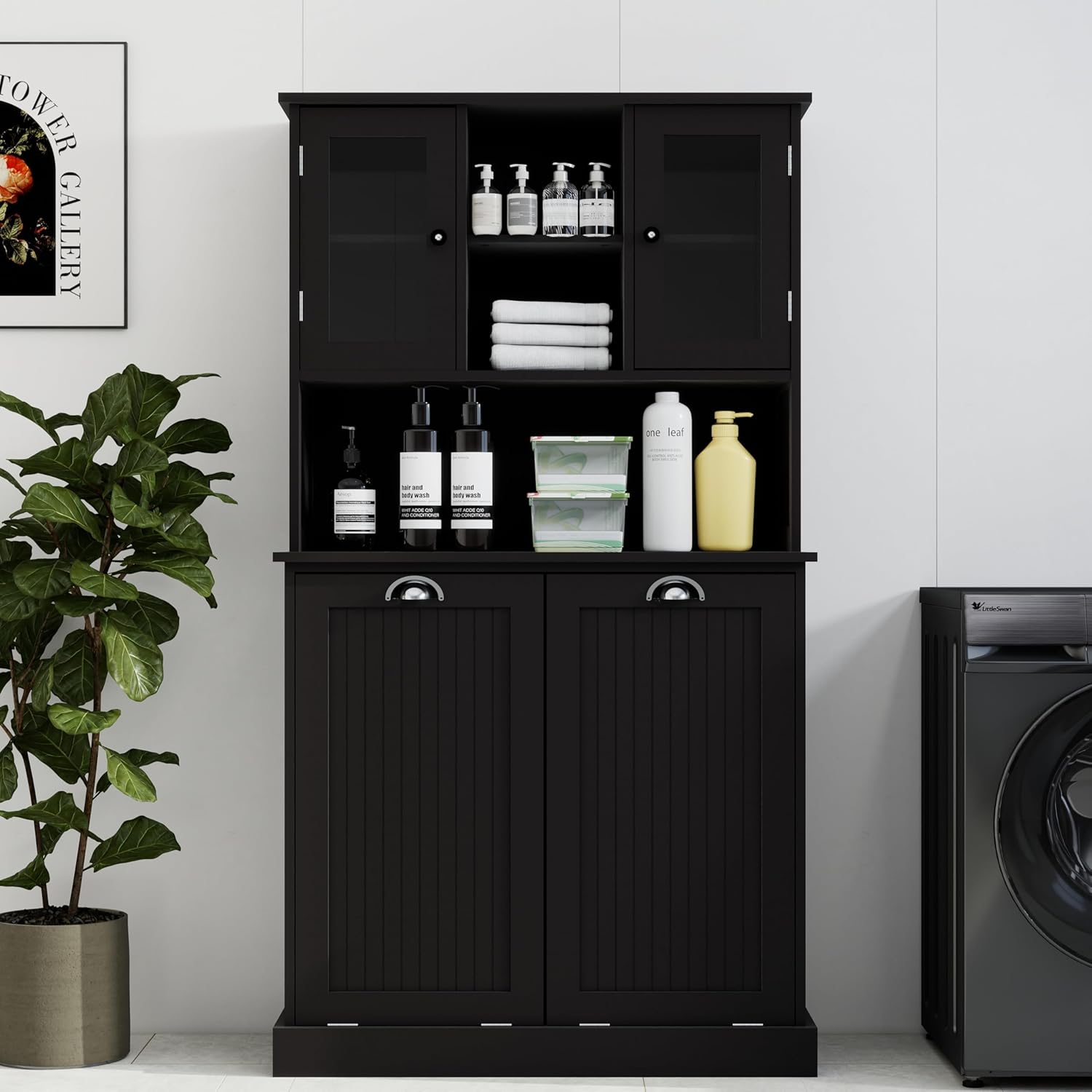 Laundry Hampers 2-Compartment Tilt-Out Laundry Basket Cabinet – Tall Bathroom & Laundry Storage w/ 2 Adjustable Shelves, Space-Saving Durable MDF Organizer for Home, Apartment (Black)