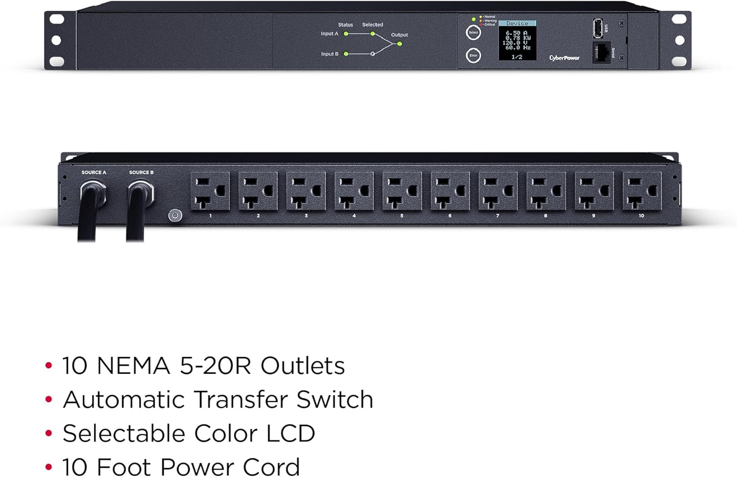 CyberPower PDU24002 Metered ATS PDU, 100-120V, 20A (Derated to 16A), 10 Outlets, 1U Rackmount