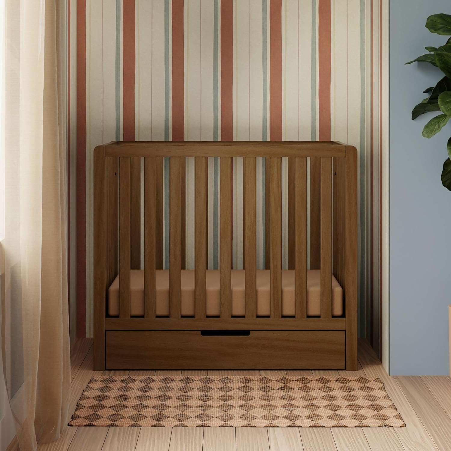 Carter's by Davinci Colby 4-in-1 Convertible Mini Crib with Trundle Drawer in Walnut, Greenguard Gold Certified, Undercrib Storage