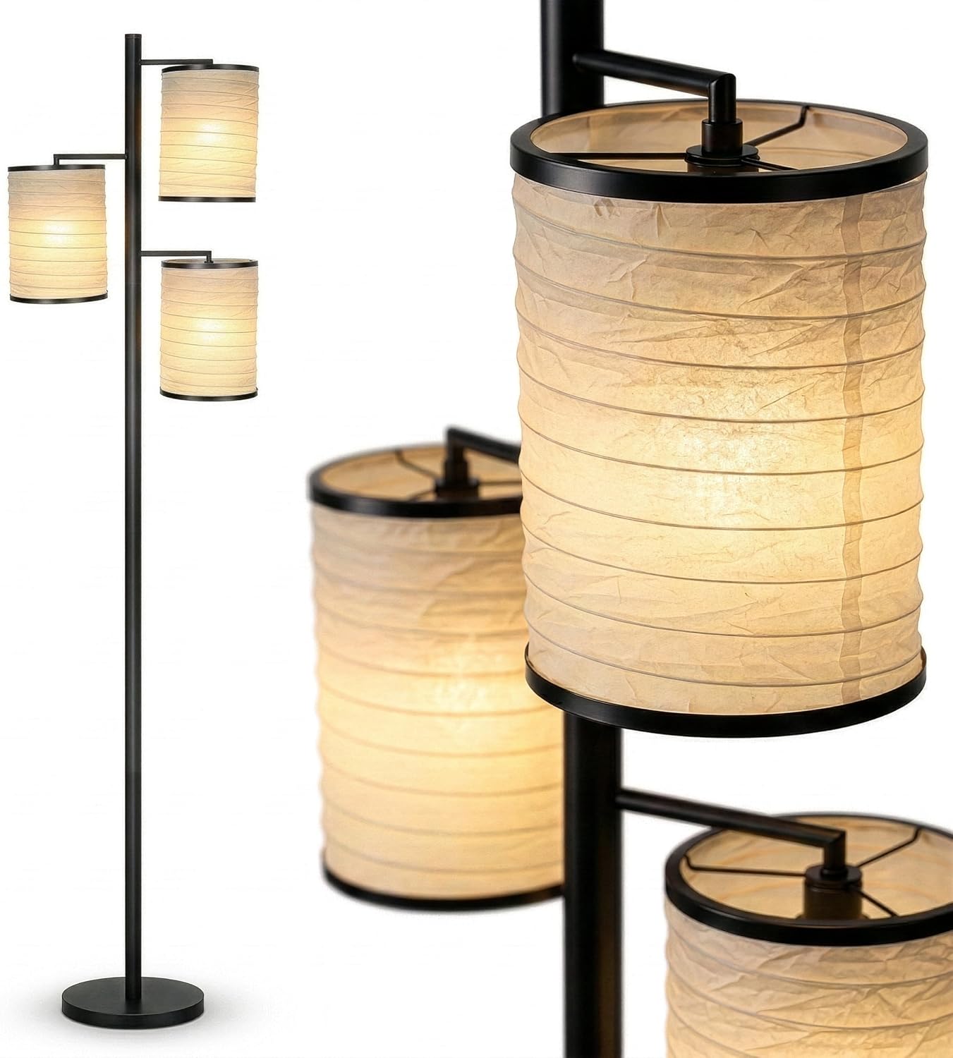 Brightech Liam Floor Lamp, Great Living Room Décor, Tree Lamp for Offices, Asian Lantern Shade Lamp for Living Rooms, Standing Light with 3 LED Light Bulbs for Bedroom Reading - Black