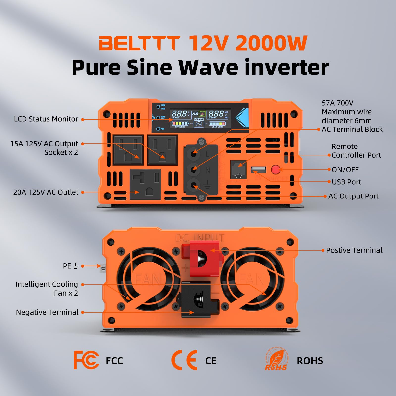 BELTTT 2000W Pure Sine Wave Inverter 12V DC to 120V AC