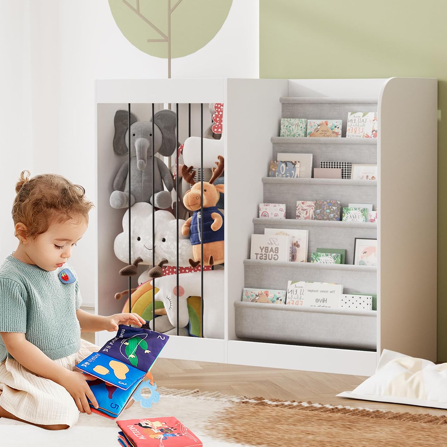 NACHES Kids Bookshelf & Stuffed Animal Net Holder 5 Tier Sling Bookshelf and Plush Toy Storage Organizer with Elastic Cord, Montessori Toddler Bookcase for Kids Rooms Playroom, White
