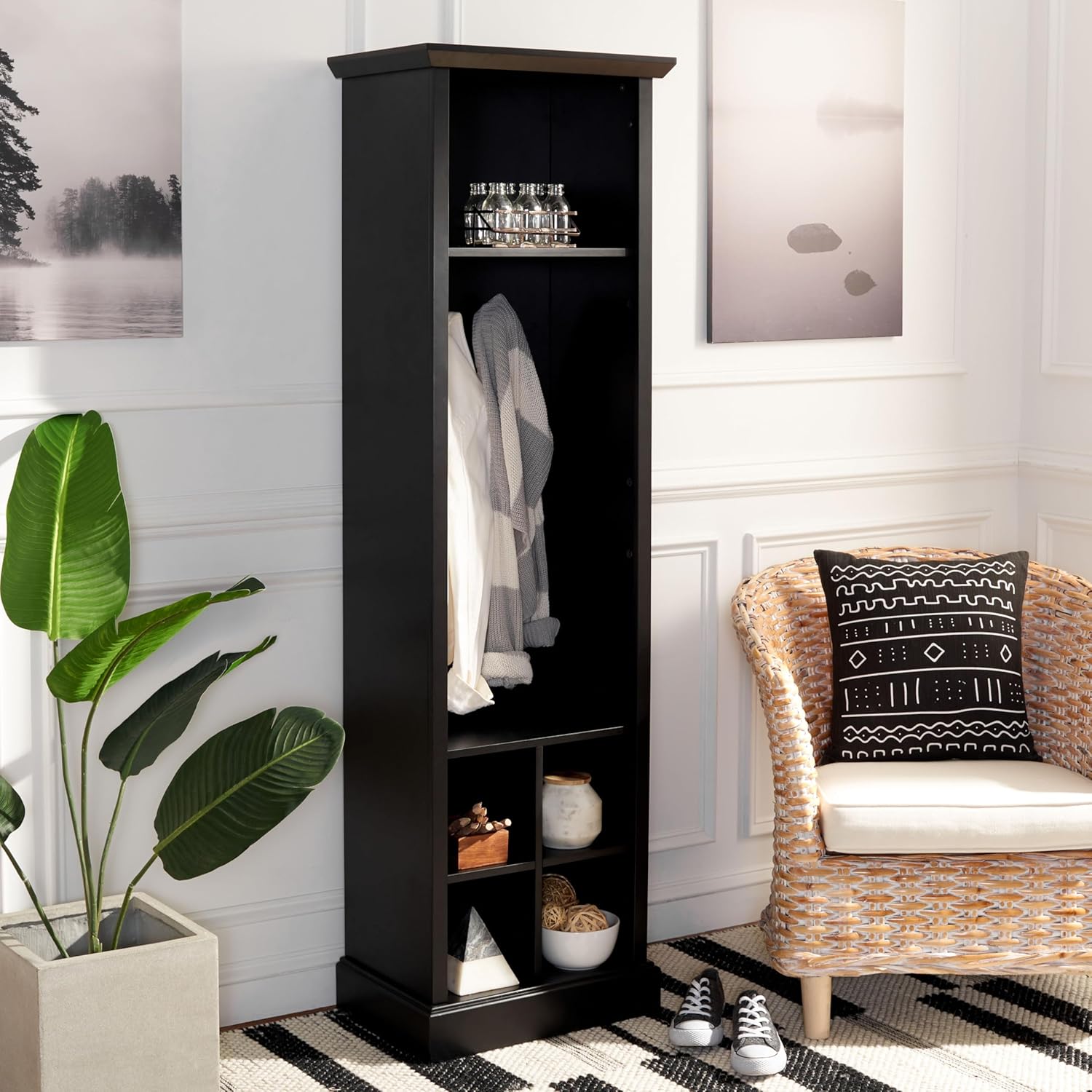 SAFAVIEH Home Collection Surrey Farmhouse Black 6-Shelf 2-Hook Bottom Storage Hall Tree (Fully Assembled)