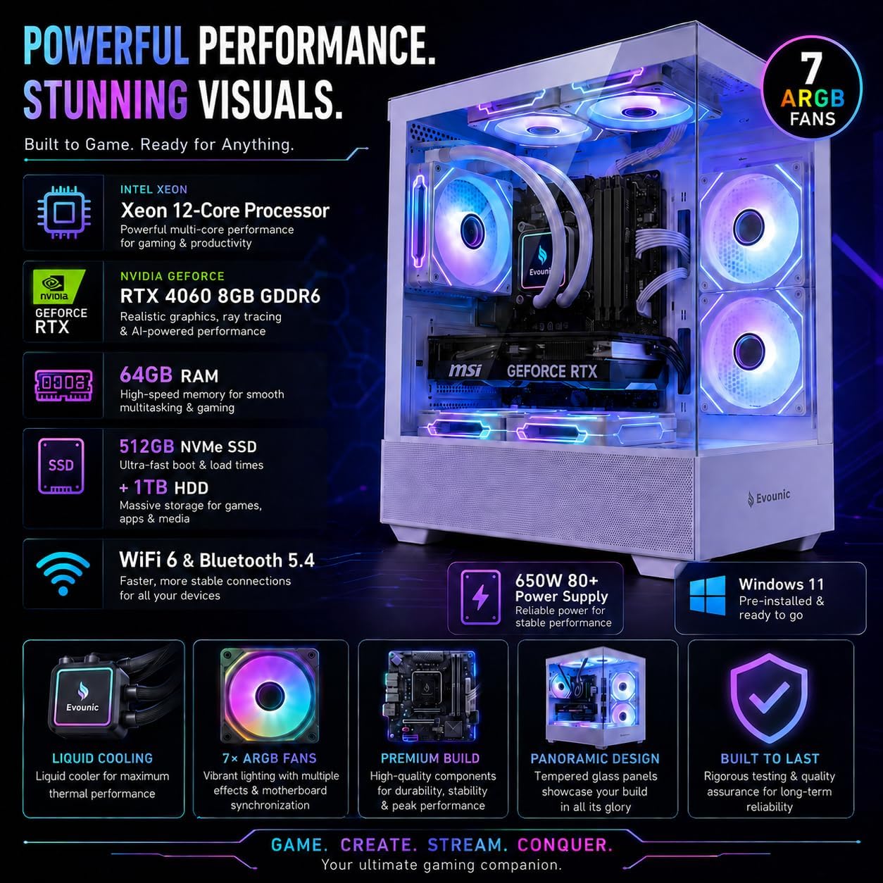 Gaming Desktop PC Computer Liquid Cooled – i7 Xeon 12-Core,GeForce RTX 4060 GDDR6, 64GB RAM, 512GB SSD + 1TB HDD, WiFi 6 & BT 5.4, 7× ARGB Fans, 650W PSU, Windows 11 Pro, RGB Keyboard & Mouse