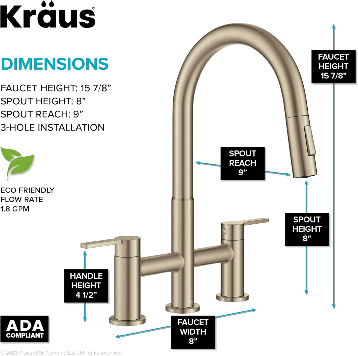 KRAUS Oletto Bridge Kitchen Faucet with Pull-Down Sprayhead in Spot-Free Antique Champagne Bronze, KPF-3122SFACB