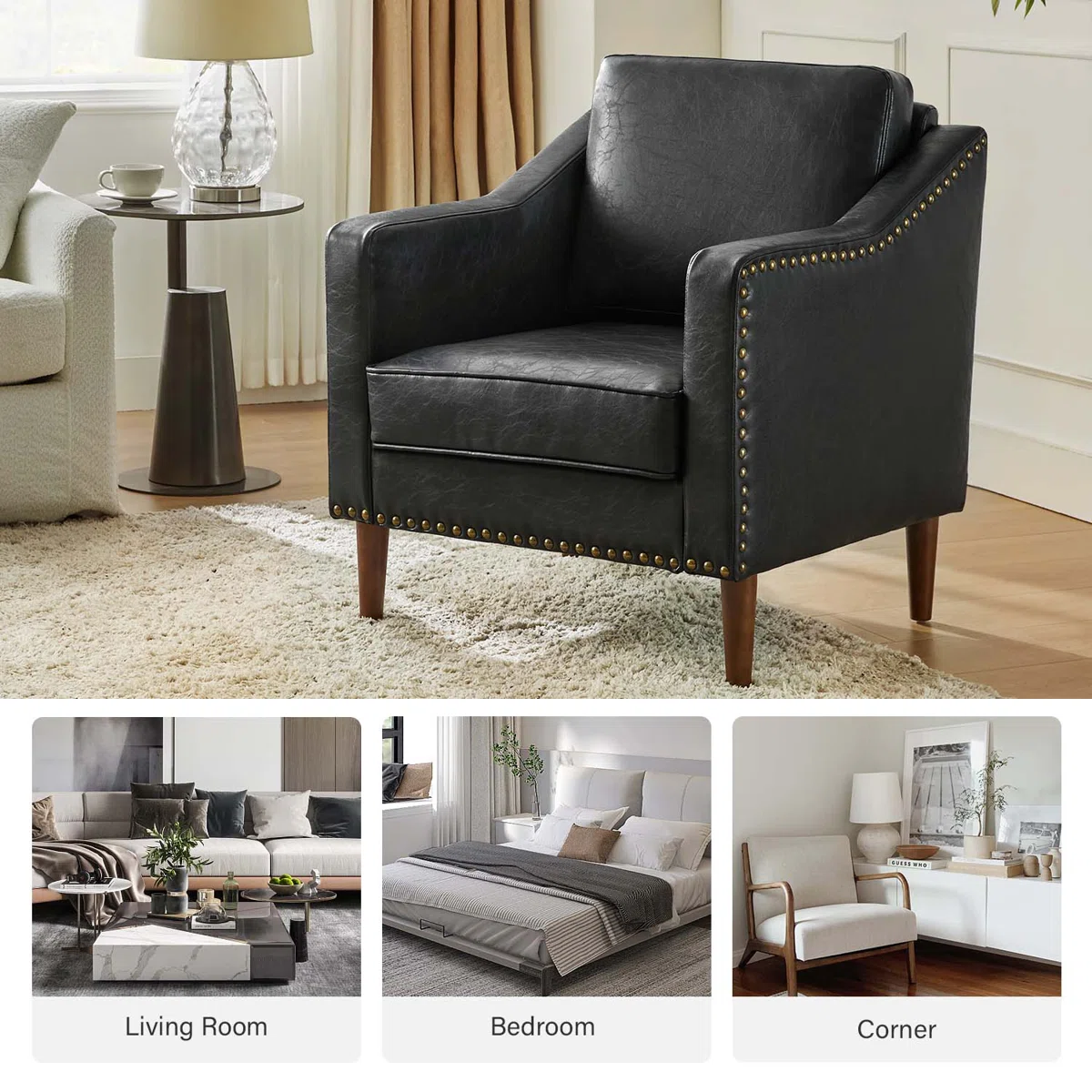 Almetia Vegan Leather Armchair with Solid Wood Legs