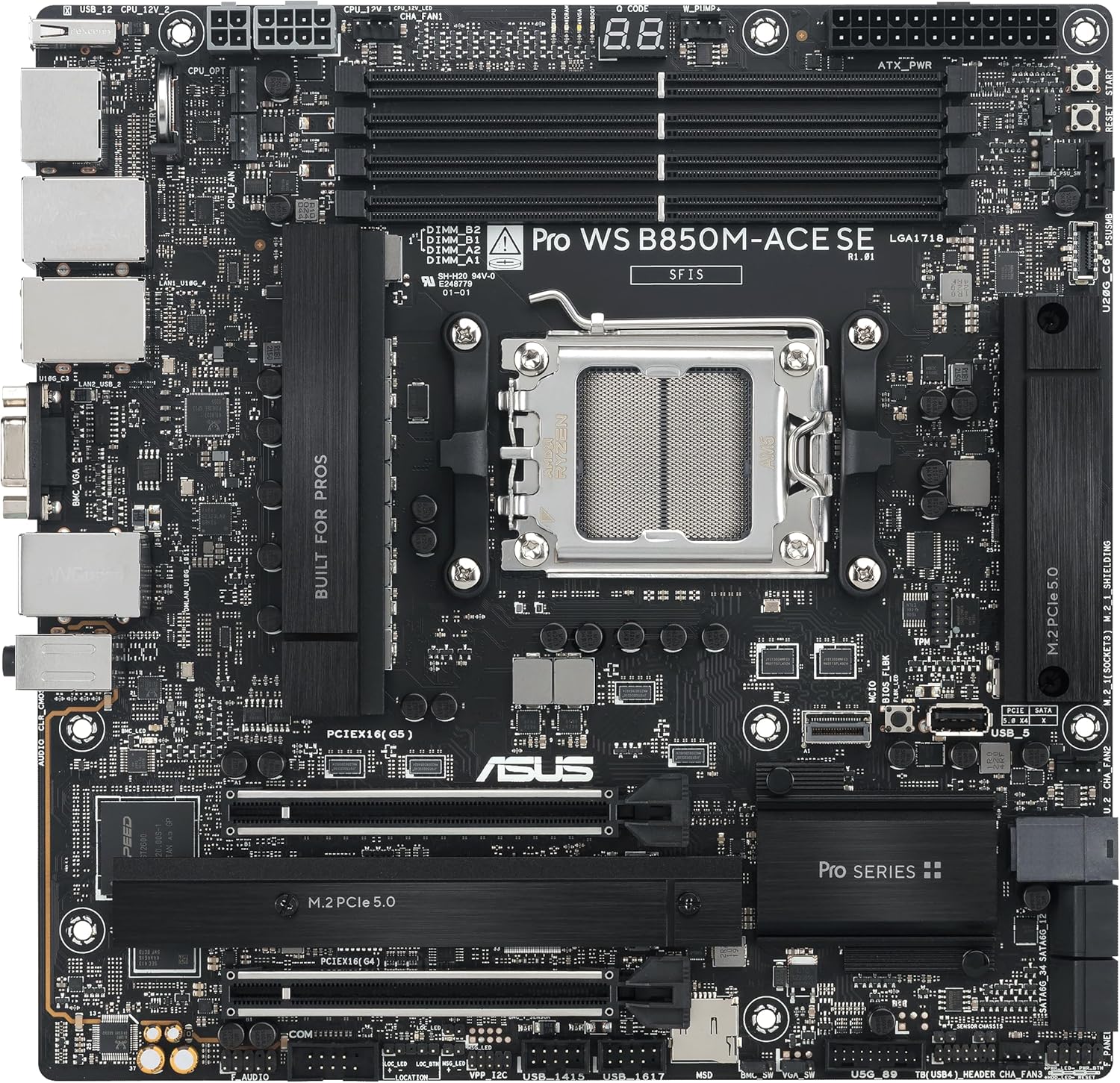 ASUS Pro WS B850M-ACE SE AMD AM5 B850 mATX MicroATX Business motherboard, PCIe 5.0 x 16, DDR5, 2x PCIe 5.0 M.2, PCIe 5.0 MCIO, U.2, 10G & 2.5G LAN, USB4®, ASUS Control Center Express Remote Management