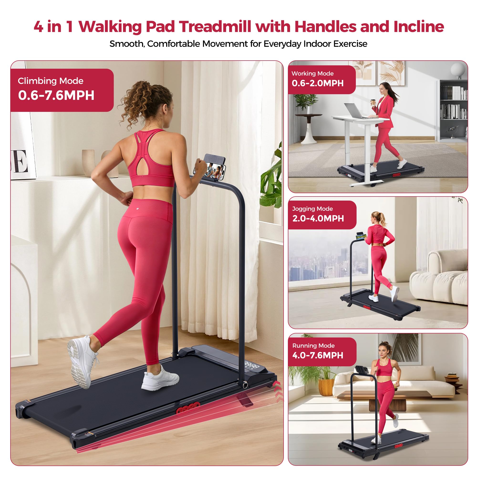 POTUPUS Walking Pad Treadmill with Handle Bar & Incline