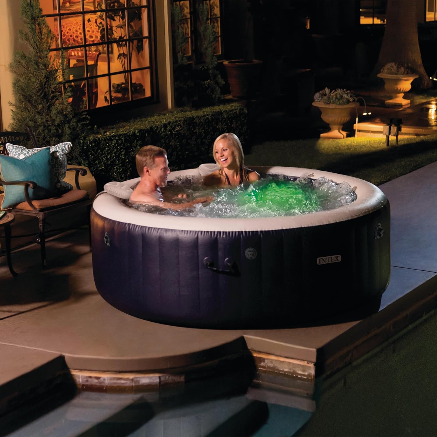 INTEX 28429EH PureSpa Plus Bubble Massage Spa Set: Saltwater System Ready, Includes Energy Efficient Spa Cover – 2 Contoured Headrest – LED Light – 4 Person Capacity – 77