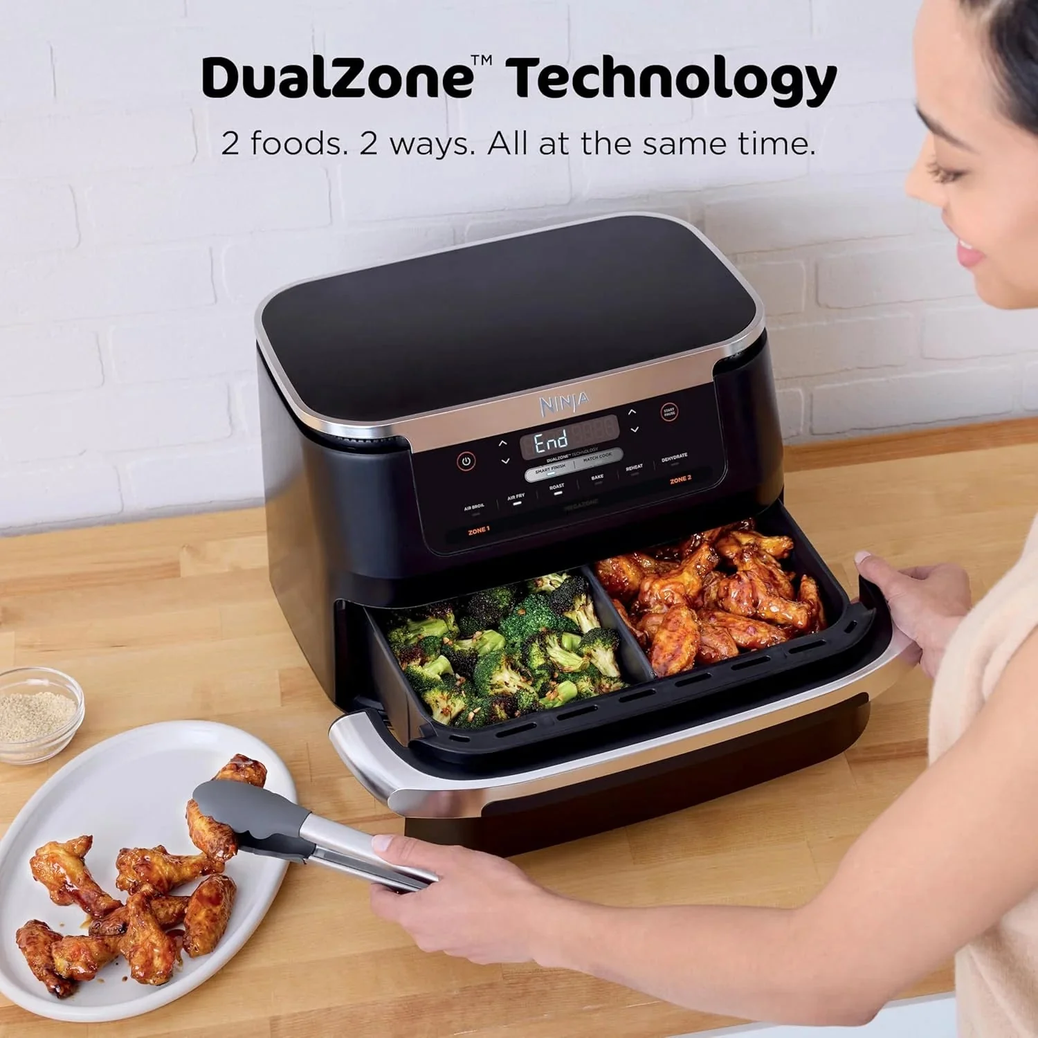 Ninja Foodi 10QT 6-in-1 DualZone Smart XL Air Fryer, 2 Independent 5QT Baskets, Smart Cook Thermometer, Match Cook, Smart Finish, Air Fry, Roast, Bake, Dehydrate, Reheat, Grey, DZ550