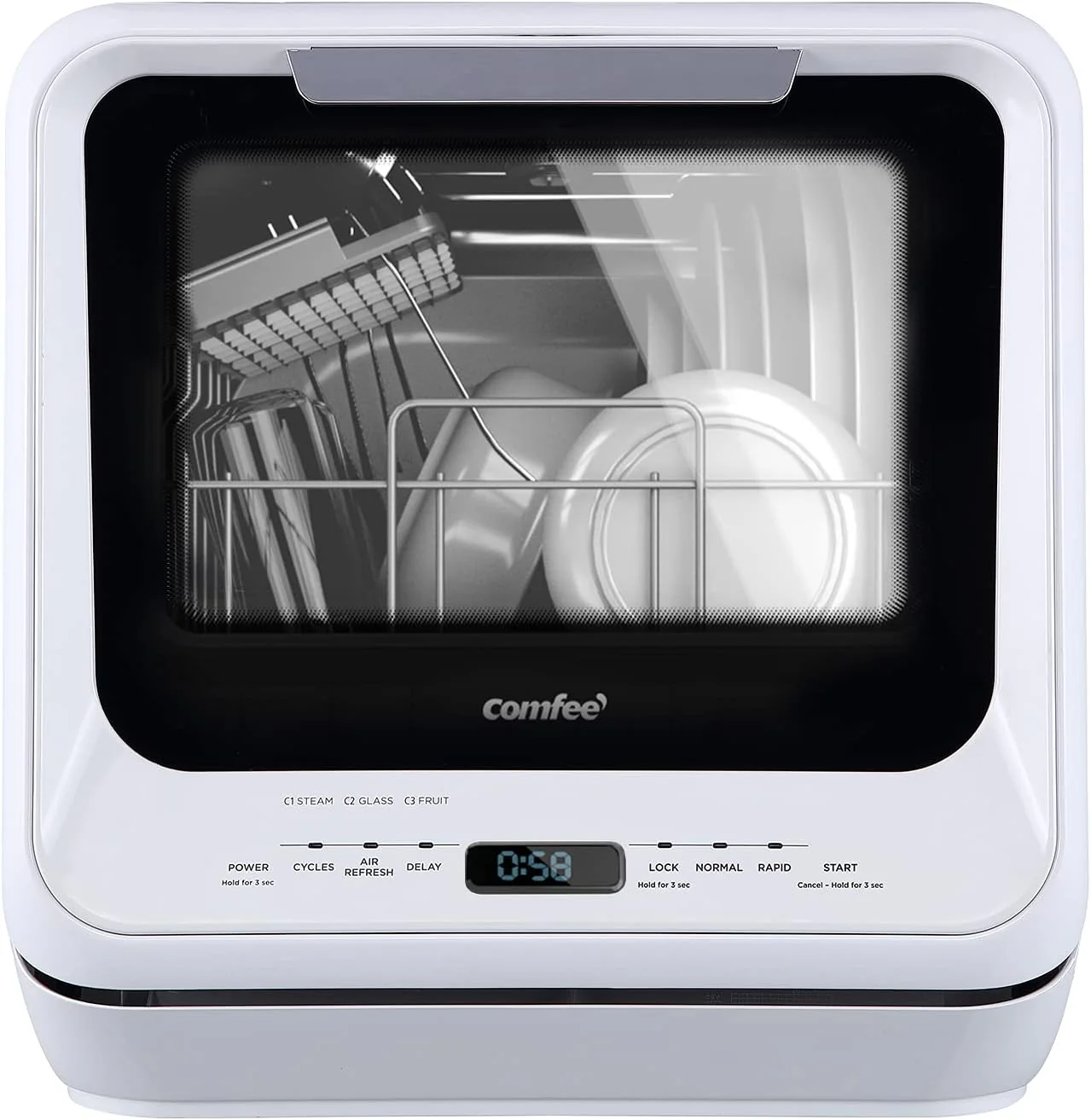 COMFEE' Portable Dishwasher Countertop with 5L Built-in Water Tank, No Hookup Needed, 6 Programs, 360° Dual Spray, 192℉ High-Temp& Air-Dry Function, Mini Dishwasher for RVs, White