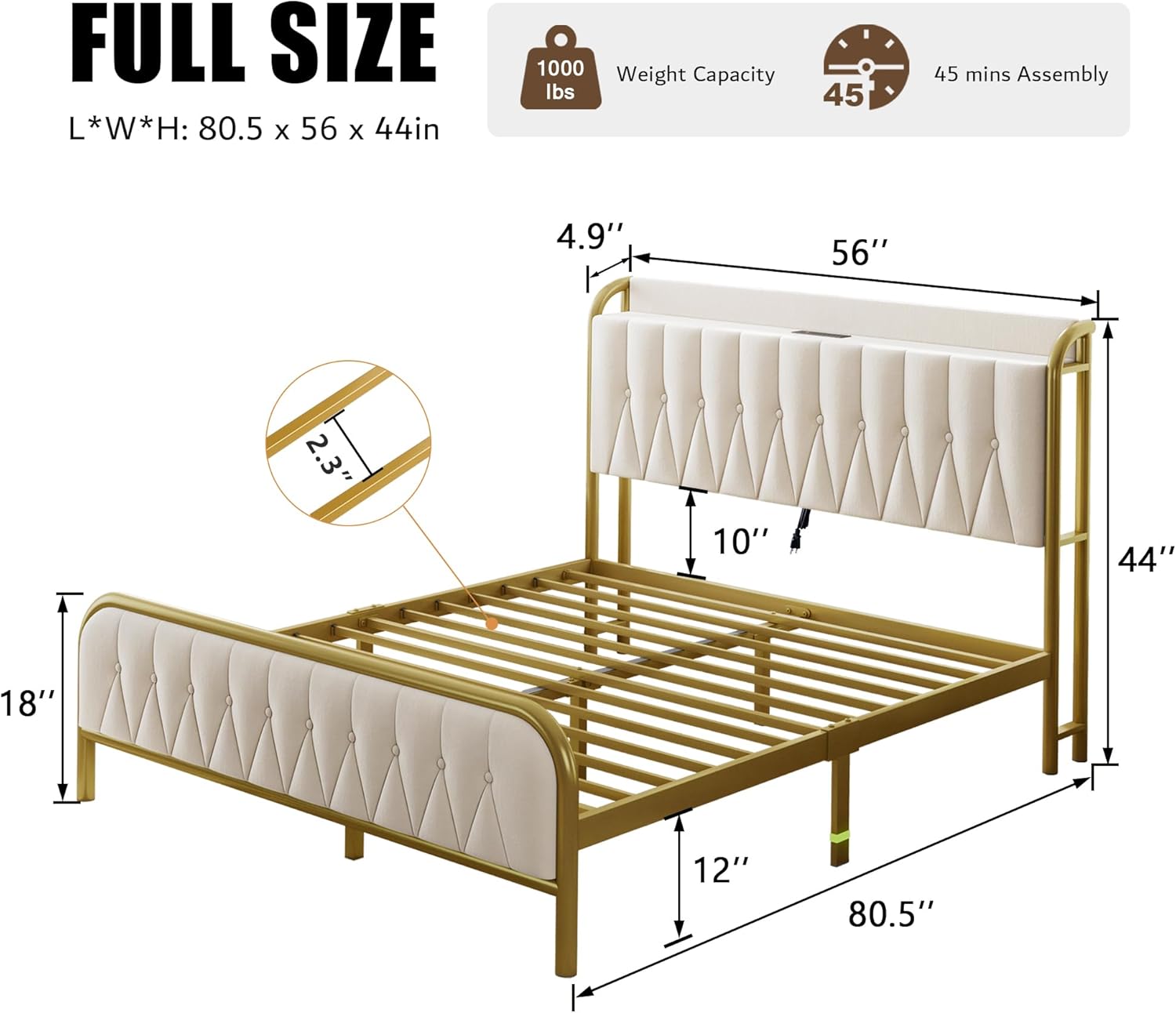 iPormis Full Size Metal Bed Frame with Charging Station, Velvet Upholstered Headboard and Footboard, Heavy Duty Steel Support, 12