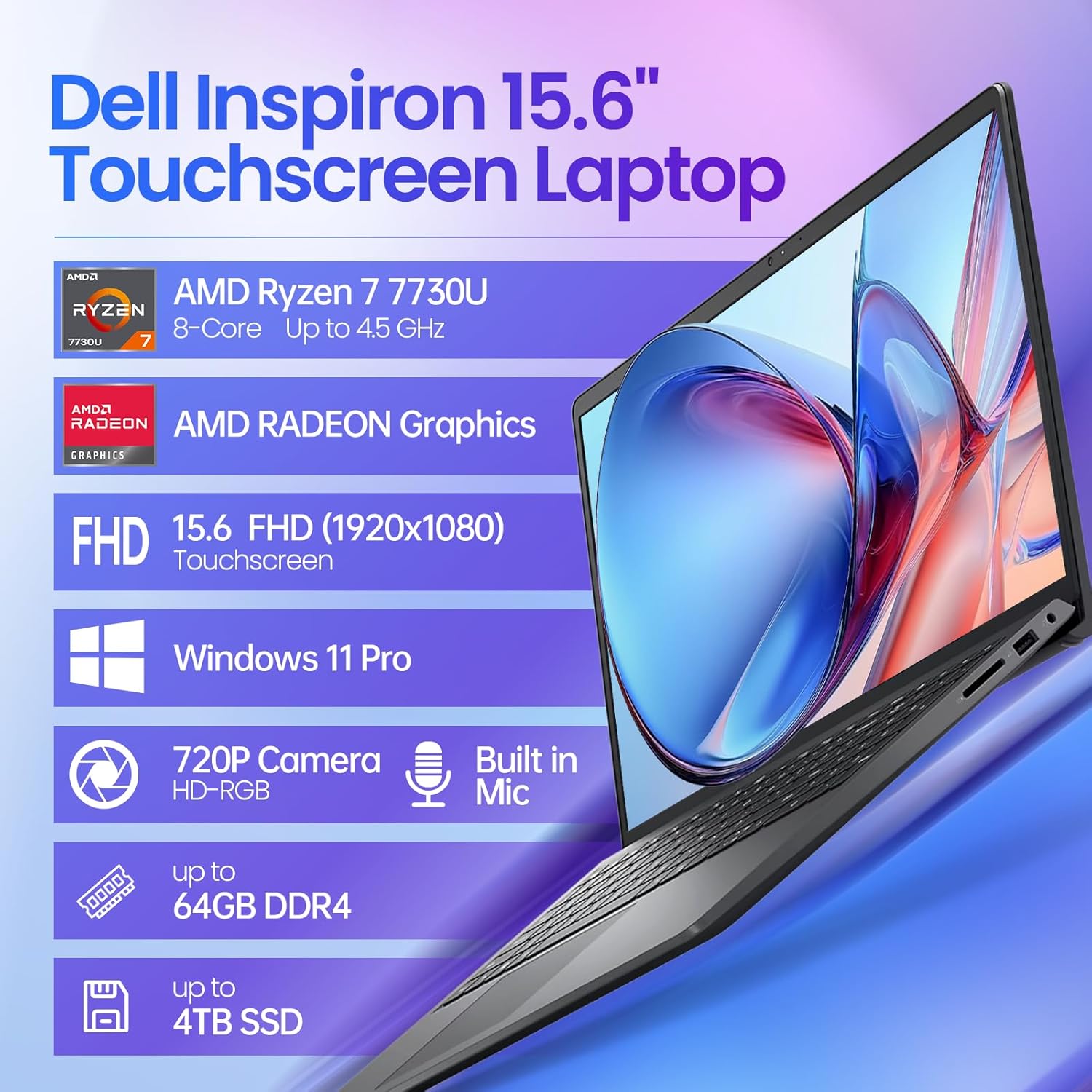 Dell 15 Touchscreen Laptop, AMD Ryzen 7 7730U (Beats i7-1355U), 16GB RAM, 512GB NVMe SSD, Windows 11 Pro, 15.6