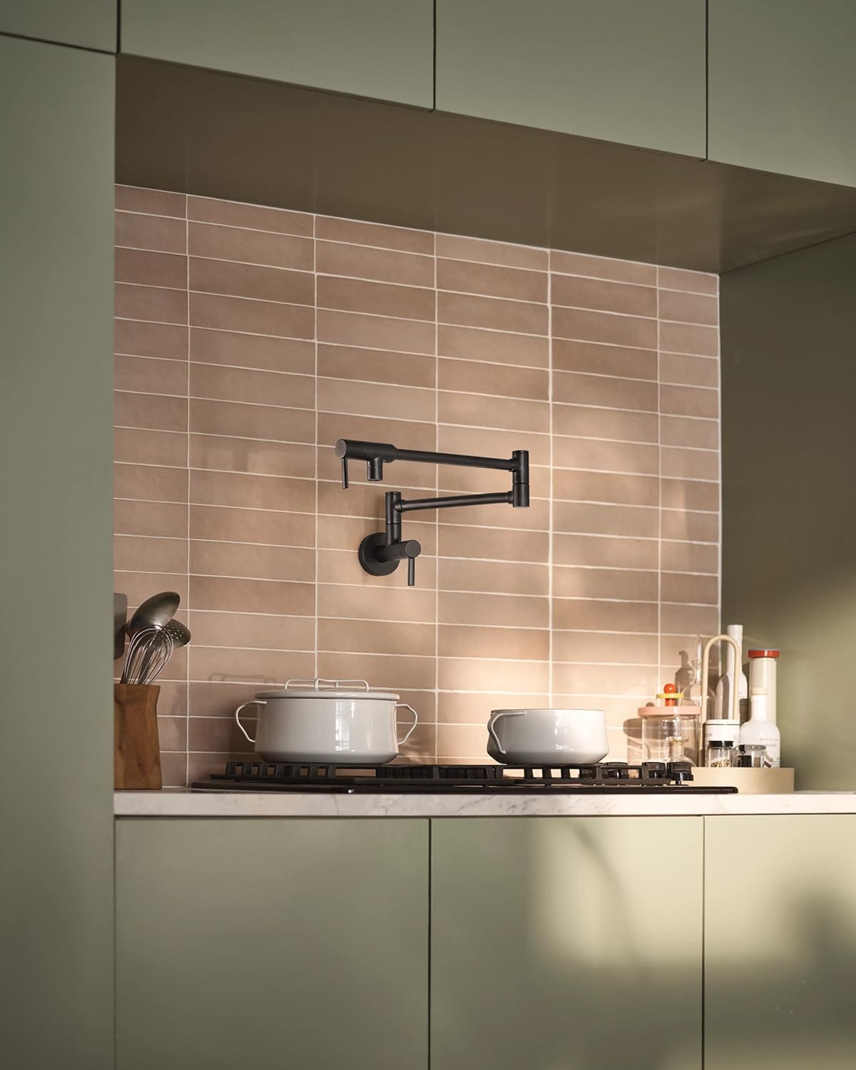 Moen Matte Black Modern Wall Mount Folding Swing Arm Pot Filler, Double Jointed Kitchen Stove Faucet, S665BL