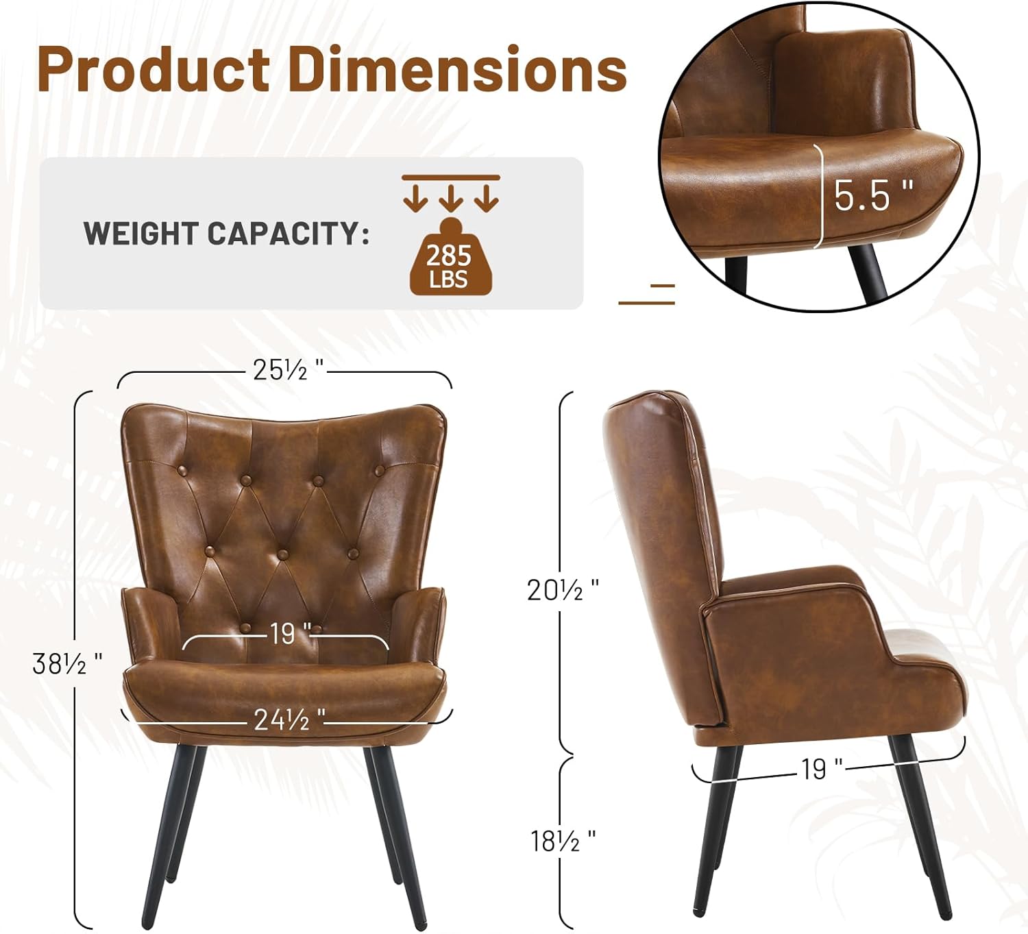 Furniliving PU Leather Accent Chair for Living Room, Upholstered Reading Chair with High Backrest, Tufted-Button Wingback Armchair for Bedroom, Dressing Room, Home Office, Brown, Set of 2