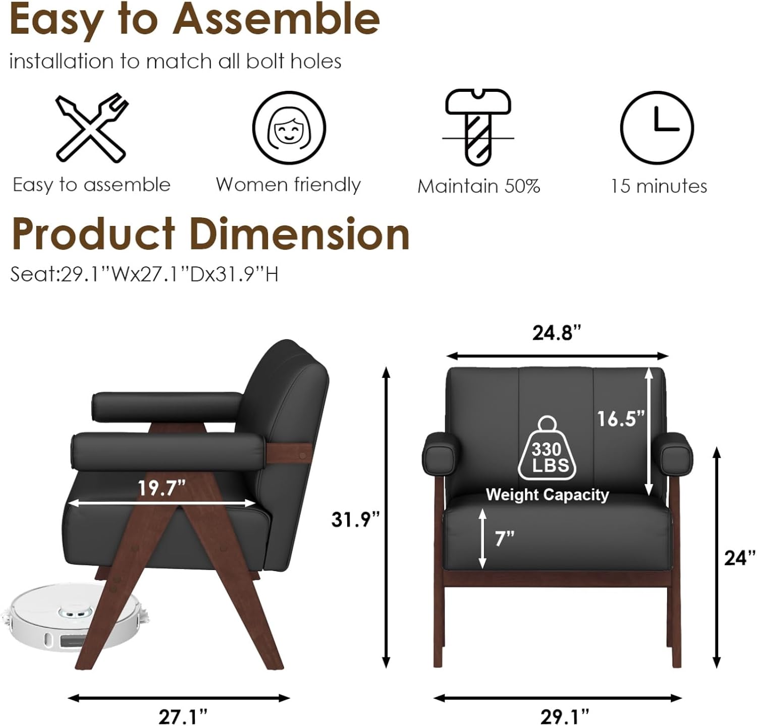 STHOUYN Black Leather Accent Chairs Set of 2, Mid Century Modern Accent Chair, Side Arm Chairs for Living Room, Office Guest Waiting Room Chairs (2, Black)