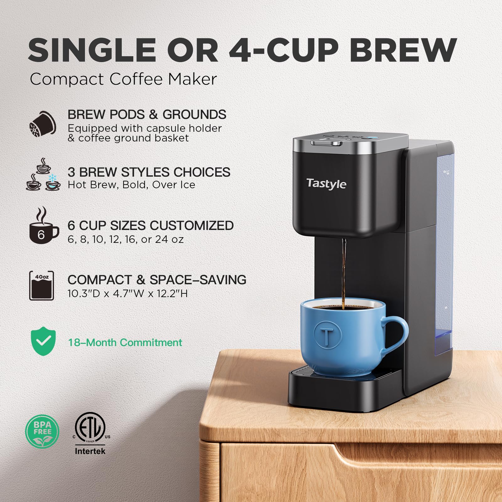 TASTYLE Single Serve Coffee Maker for K Cup & Grounds