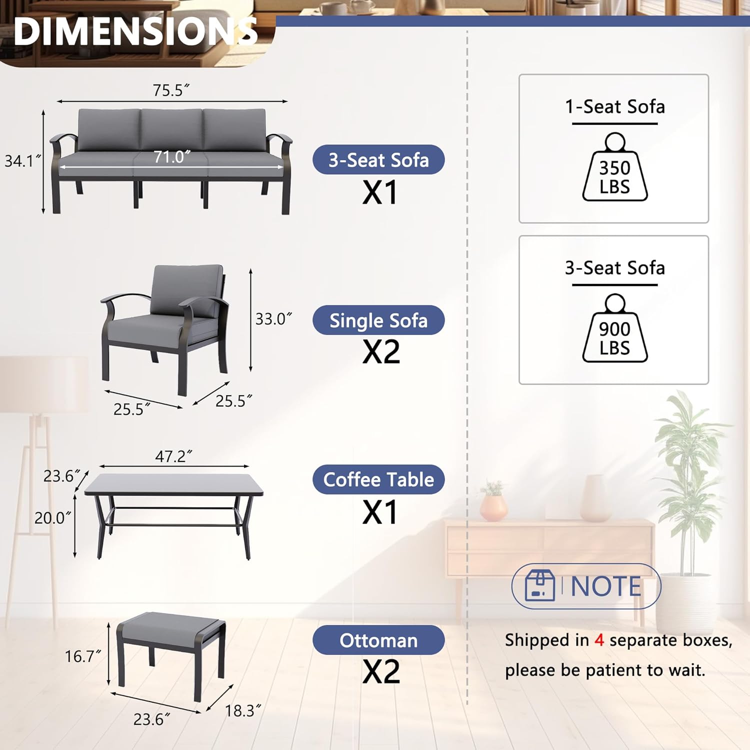 Kurapika Aluminum Patio Furniture Set 5-Seat Modern Outdoor Conversation Sets w/2 Ottomans with Rectangular Coffee Table, Grey