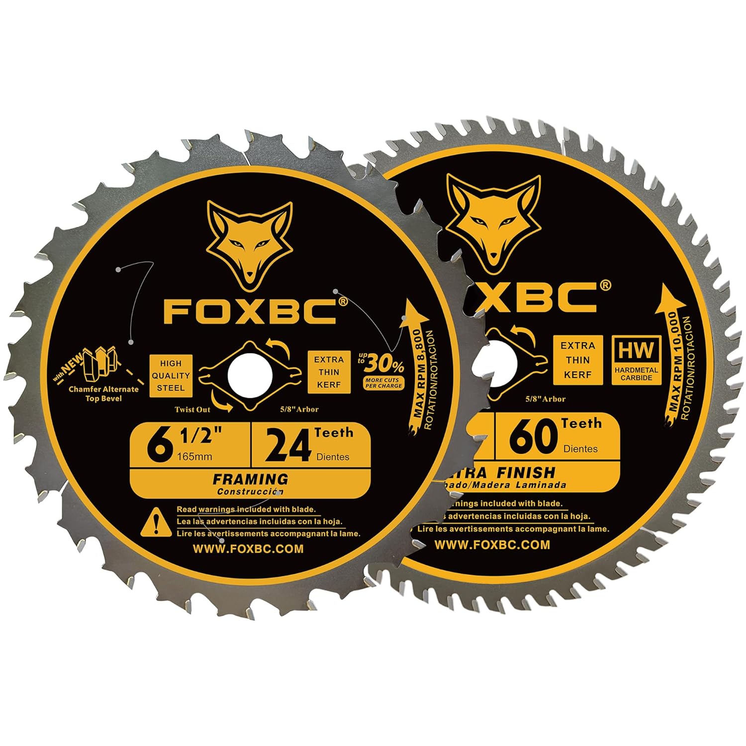 FOXBC 6-1/2 inch Circular Saw Blade 24T 60T Combo Pack, Wood Cutting, Thin-Kerf with 5/8