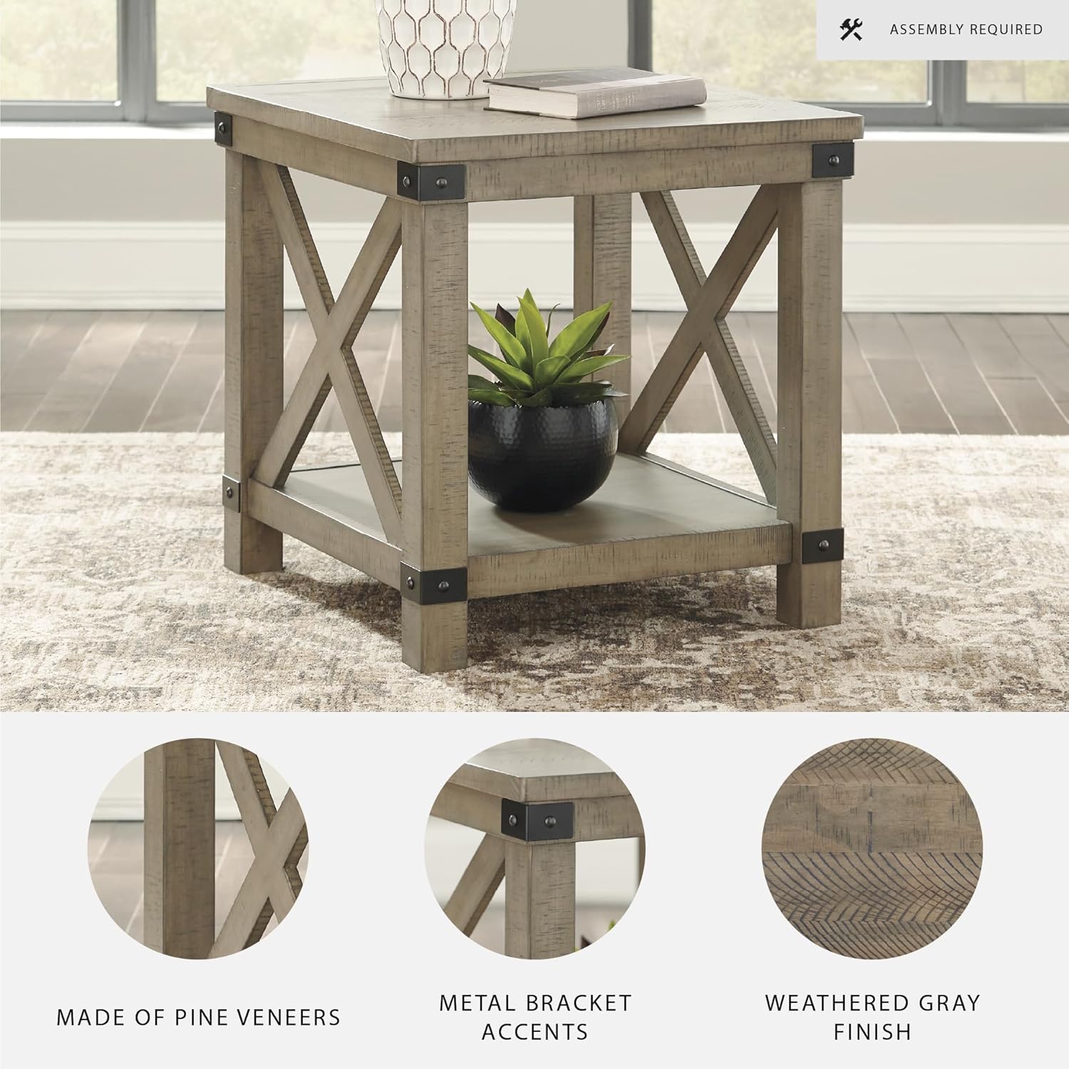 Signature Design by Ashley Aldwin Casual Farmhouse Rectangular End Table with Crossbuck Details, Metal Bracket Accents, Wood, 25