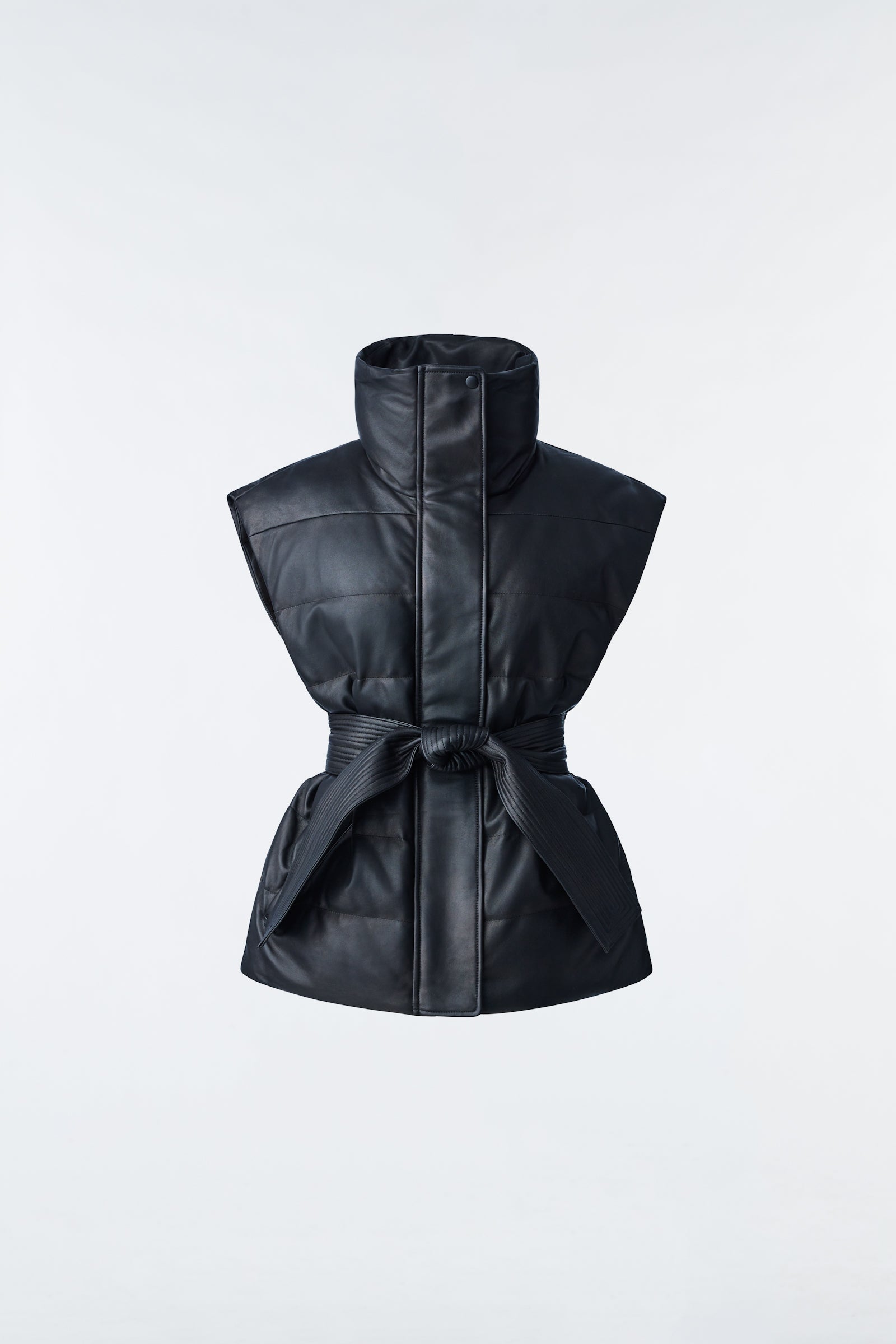 Zerina (R) Leather Down Funnel Vest With Sash Belt