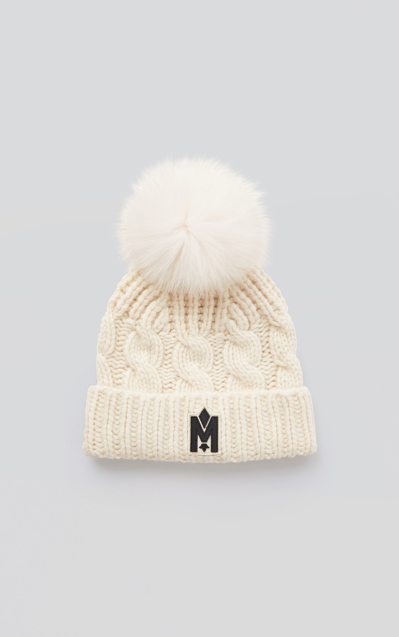 Nina Cashmere Cable Knit Toque With Blue Fox Fur Pompom