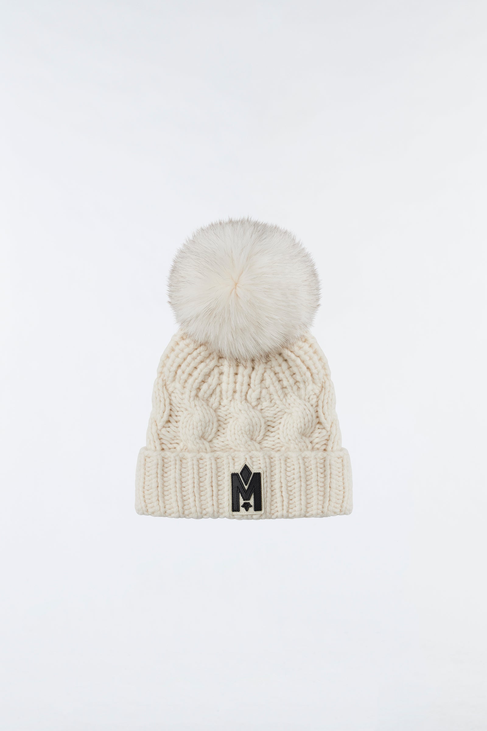 Nina Cashmere Cable Knit Toque With Blue Fox Fur Pompoms