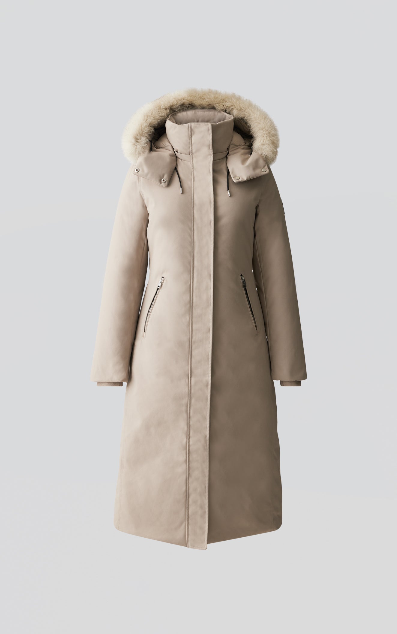 Kelsie Long Twill Down Coat With Blue Fox Fur Hood