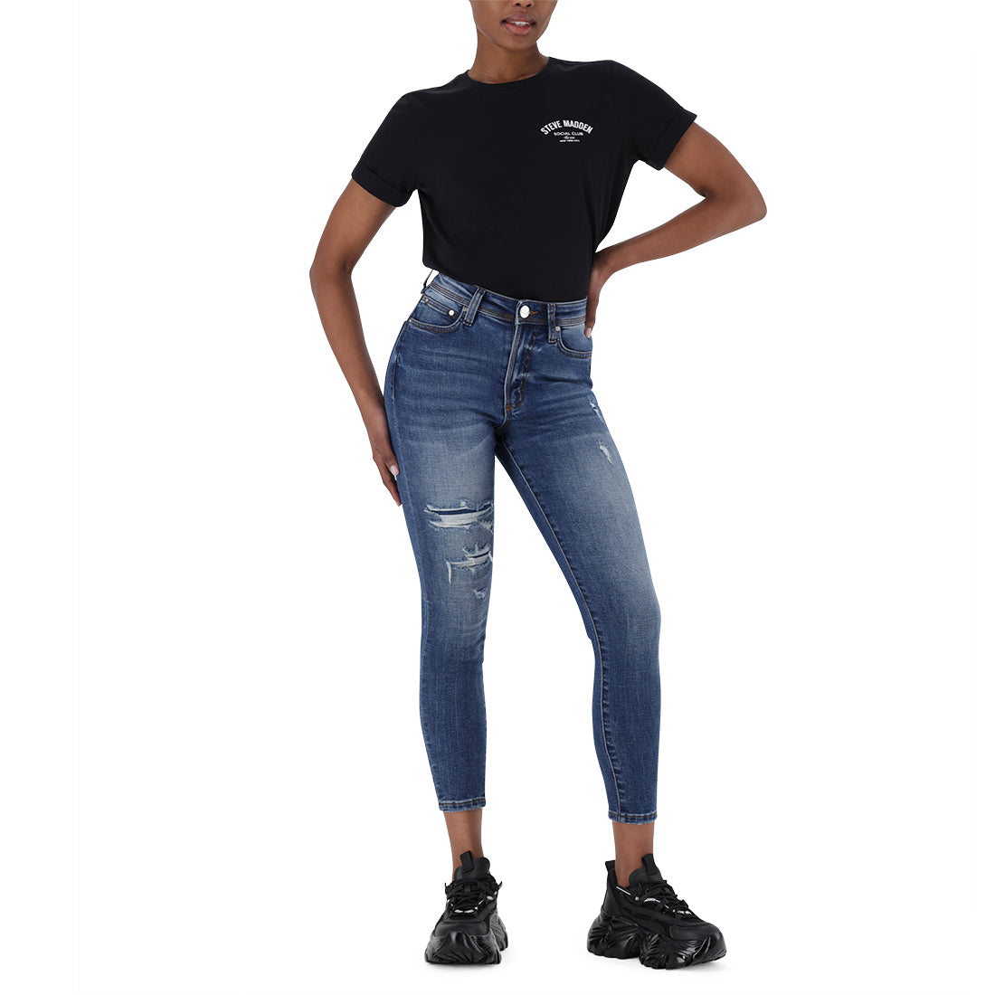 EVA CURVY DARK RIPPED BLUE SKINNY