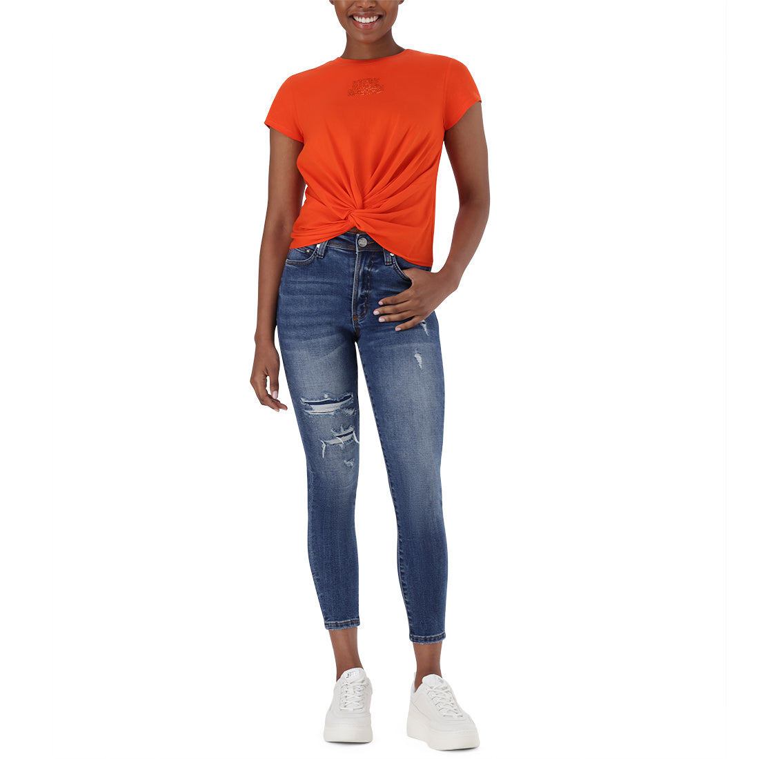 OLIVIA FRONT TWIST LOGO TEE TANGERINE