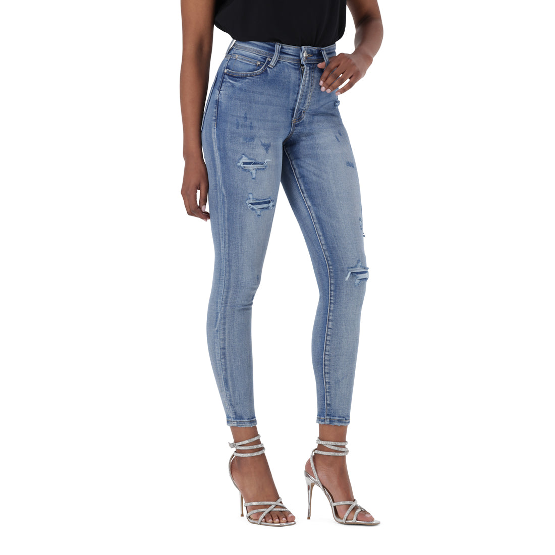 EVA CURVY MID RIPPED BLUE SKINNY