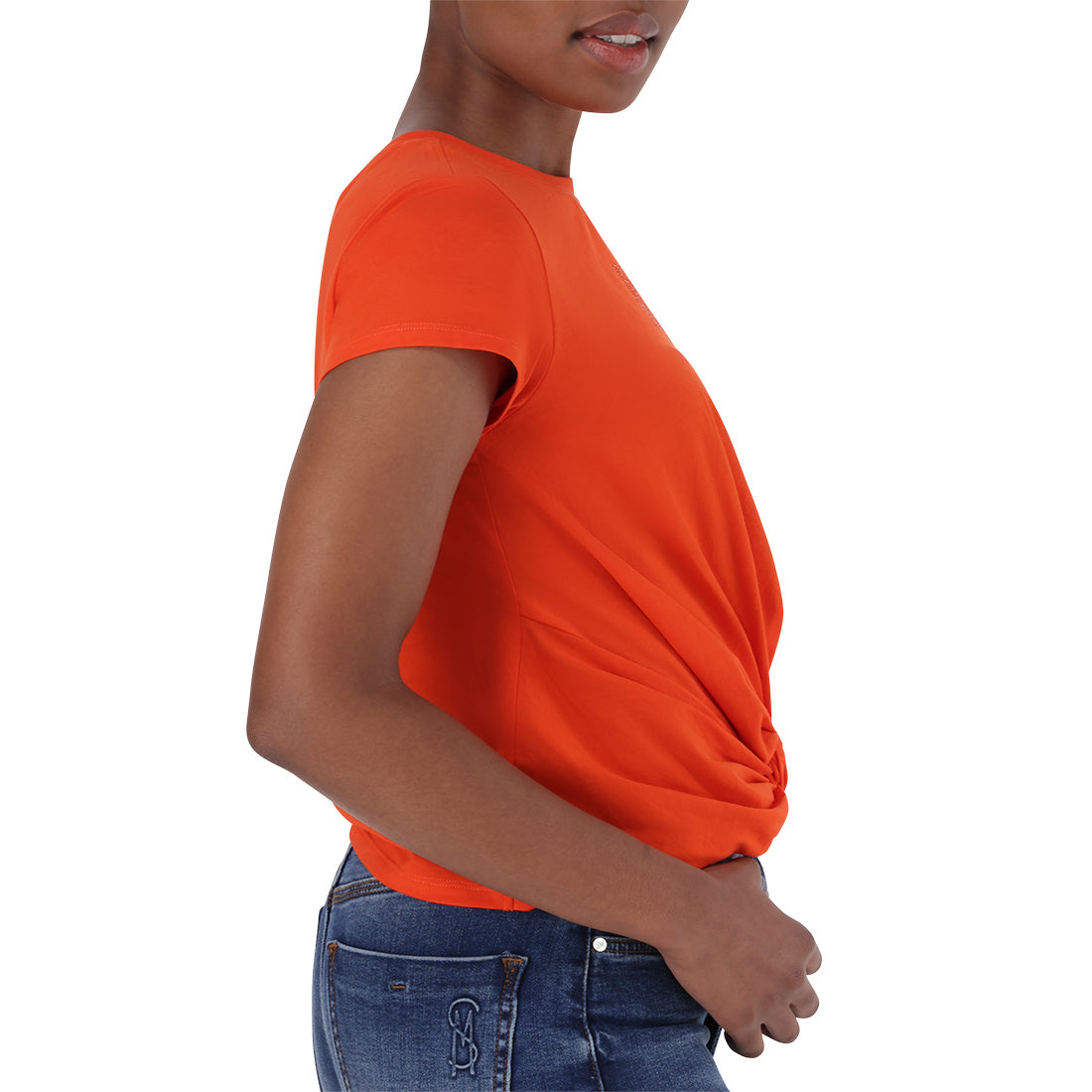 OLIVIA FRONT TWIST LOGO TEE TANGERINE