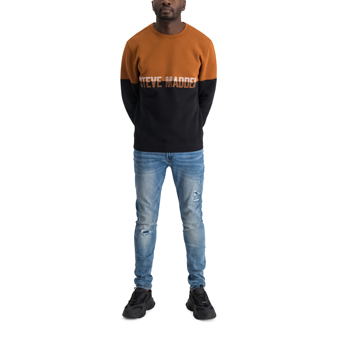 JAKE RUST/BLACK COLOUR BLOCK EMBROIDARY LOGO SWEATER