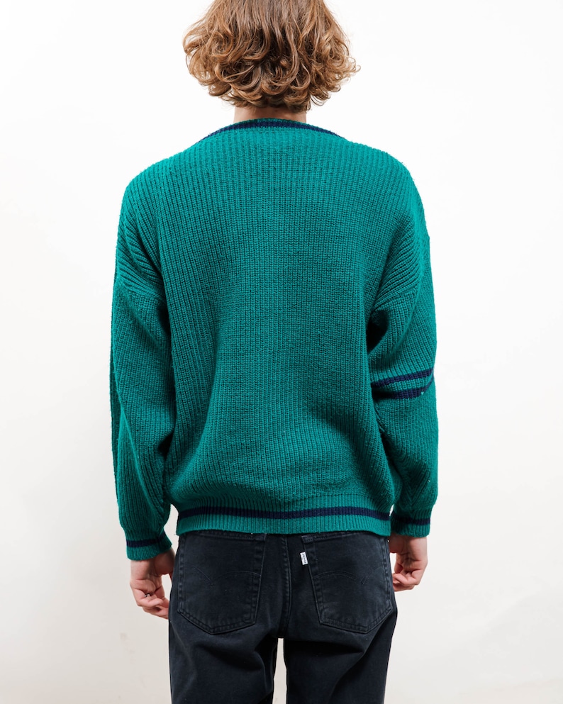 Vintage 90s Preppy Green V Neck Button Up Knit Cardigan M