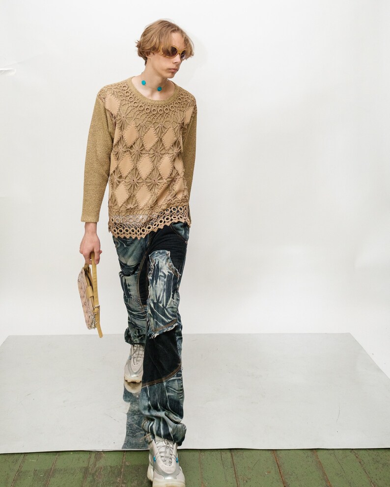 Vintage Y2K sexy argyle pattern crochet jumper in tan