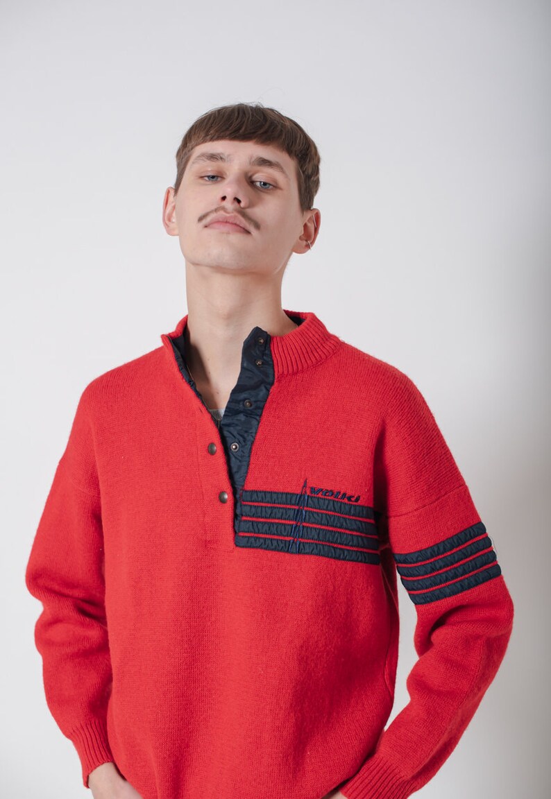 Vintage 90s Popper Fastening Neck Wool Jumper in Red Unisex