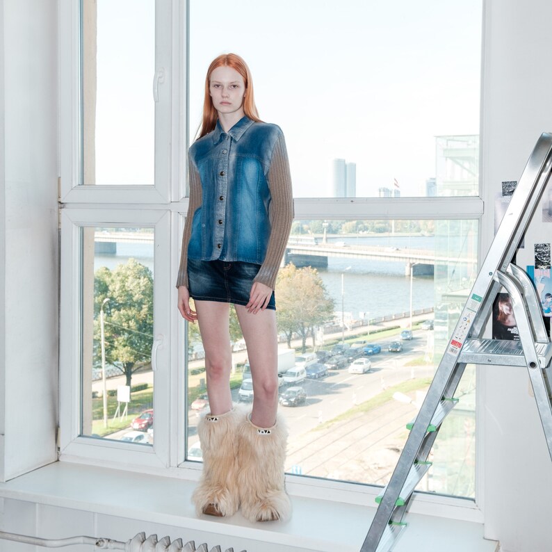 Y2K Vintage denim/ribbed reworked jumper in blue&brown