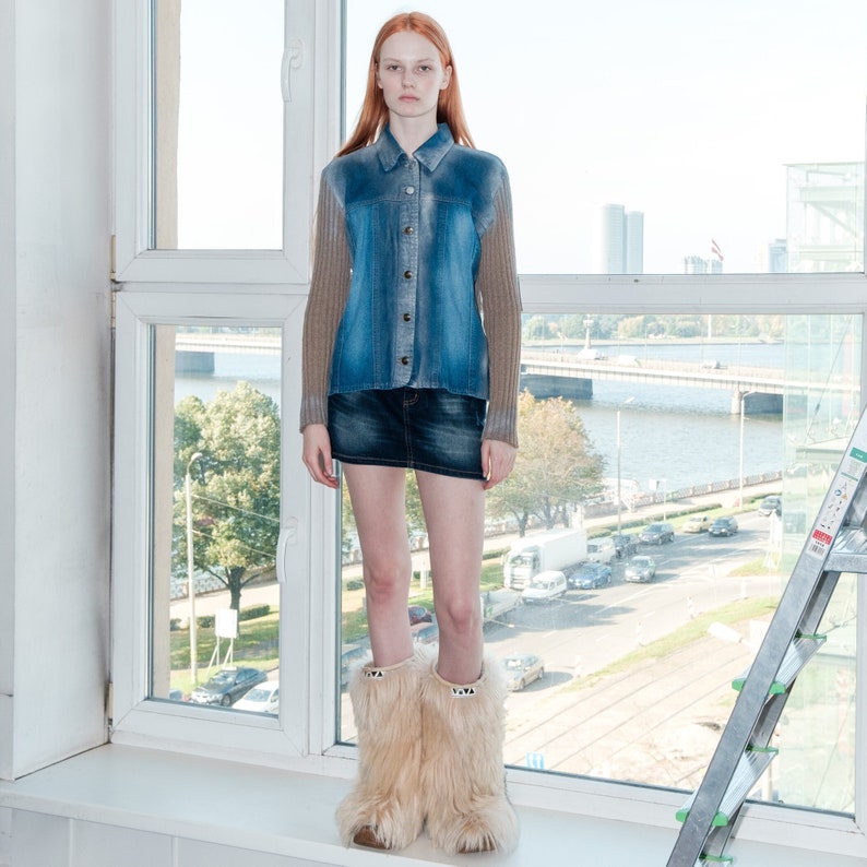 Y2K Vintage denim/ribbed reworked jumper in blue&brown