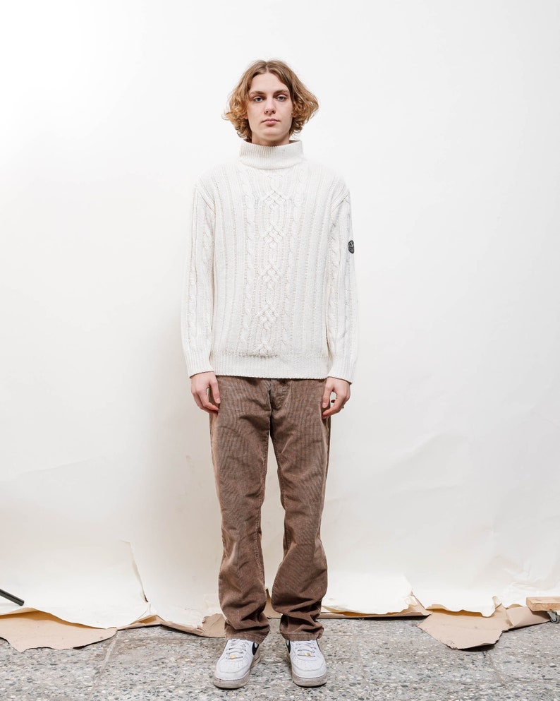Vintage Y2k Preppy White High Neck Cable Knit Jumper Men L