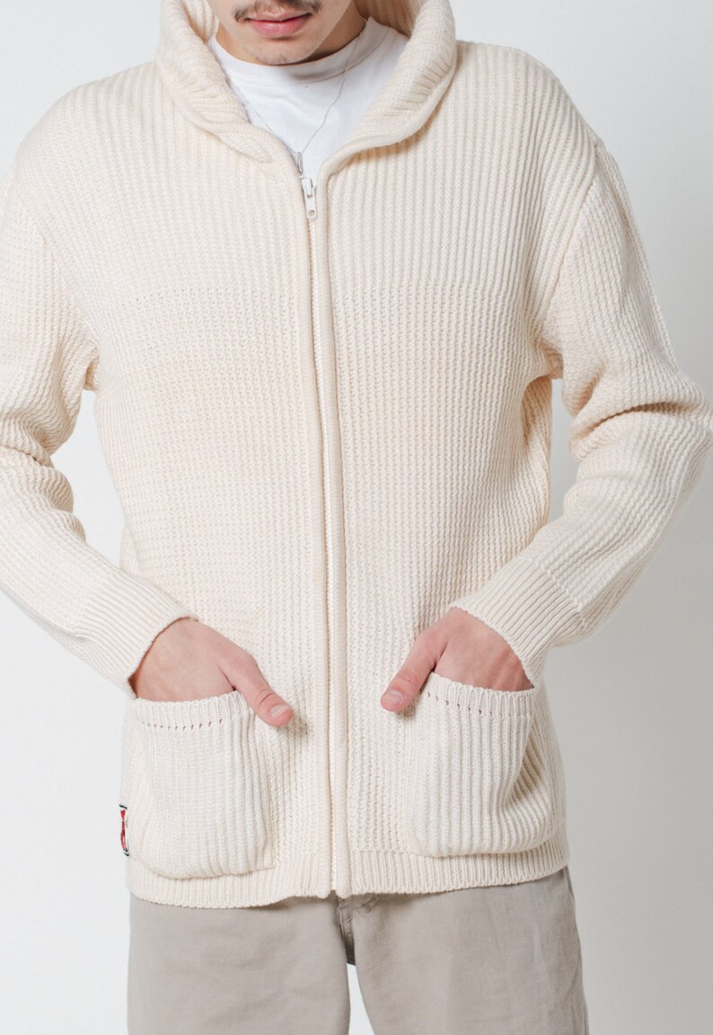 Vintage 90s Preppy Zip Up Wool Cardigan in Cream Unisex