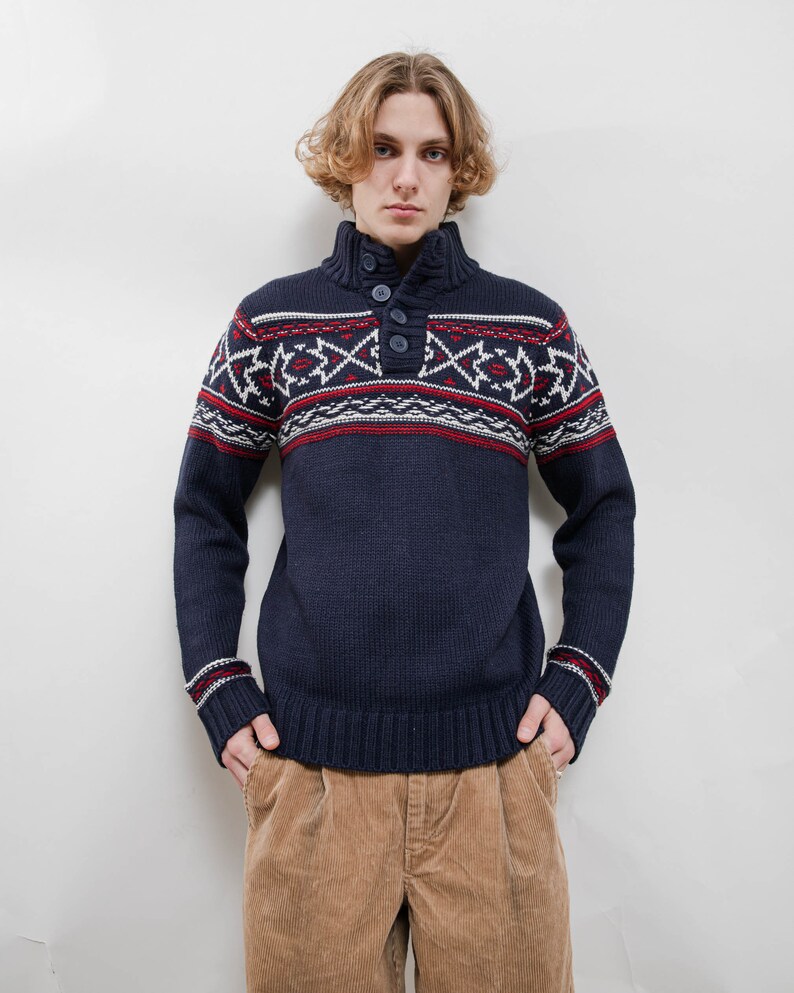 Vintage 90s Nordic Blue Half Button High Neck Knit Jumper