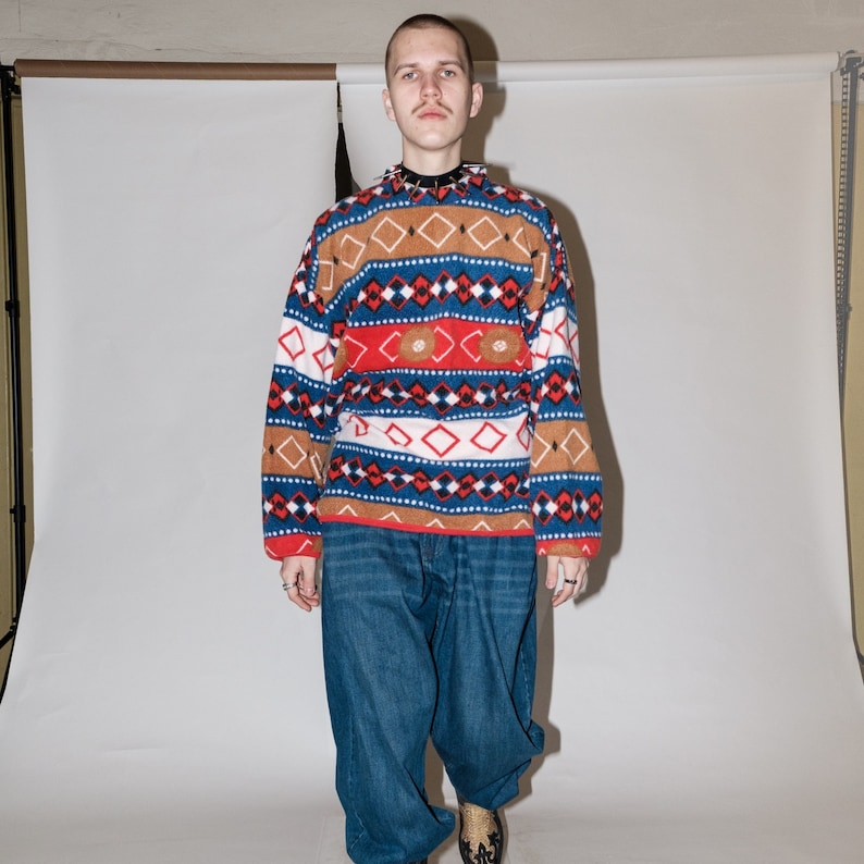 90s Vintage geometric Nordic print warm fleece jumper