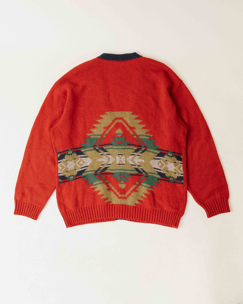 Vintage 80s Aztec Preppy Red Button Up V Neck Cardigan Man