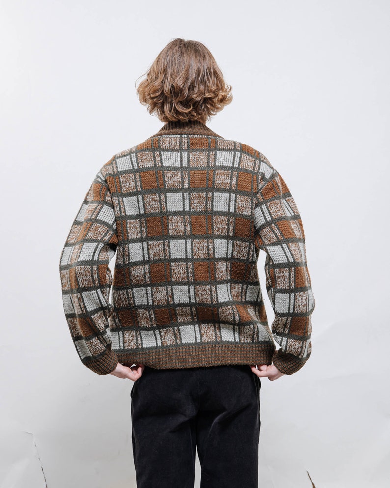 Vintage 90s Boho Check Round Neck Button Up Cardigan Men L