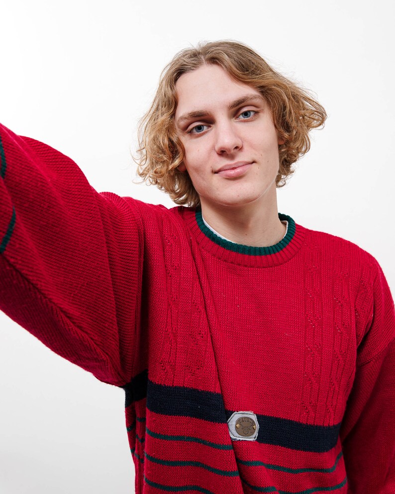 Vintage 80s Red Boxy Striped Taurus Knitted Jumper Men M