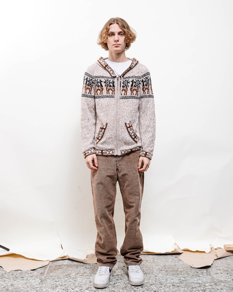 Vintage 90s Hippie Lamma Hooded Soft Zip Up Knit Cardigan S